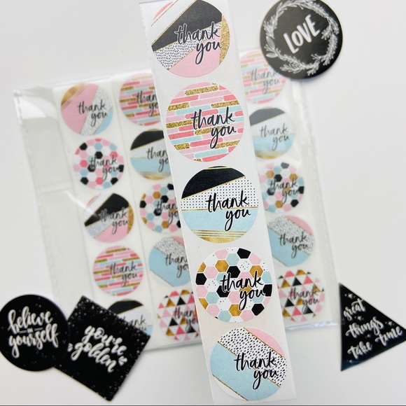 200pc Thank You Stickers, Pink, Black, Gold Pattern, Shipping Envelope Seals - Picture 2 of 7